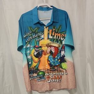 Source Unknown Teal Blue Turquoise Parrot Tequila Graphic Button-Down Shirt